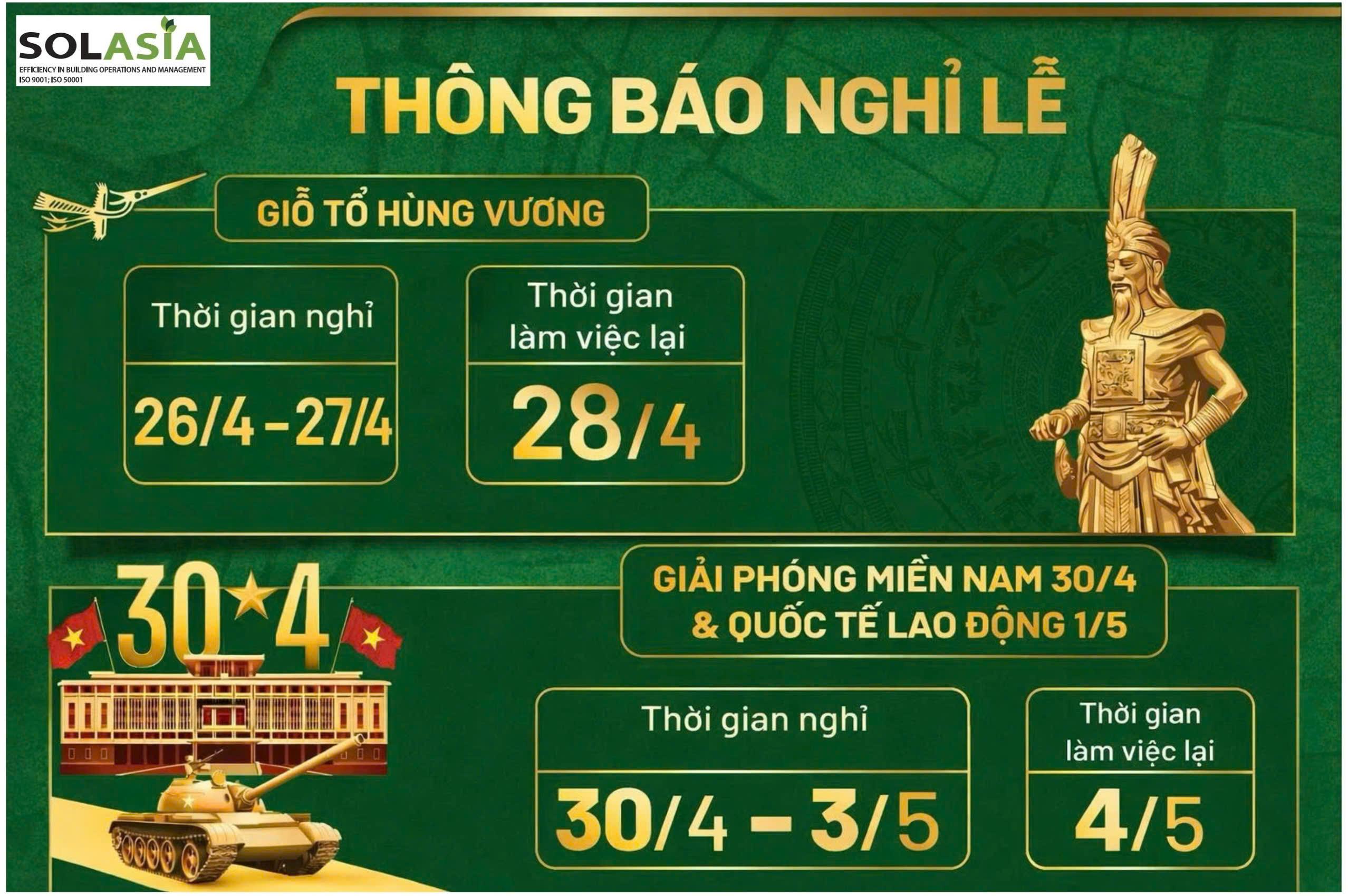 Thông báo lịch nghỉ Lễ Công ty Sol Asia